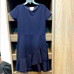 Girls Navy Dress, short sleeves, crepe with pretty ruffle bottom. Sz Med (9-10)